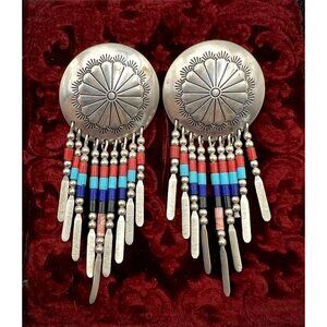 Navajo Sterling Silver Floral Concho Dome Dangle Fringed Earrings